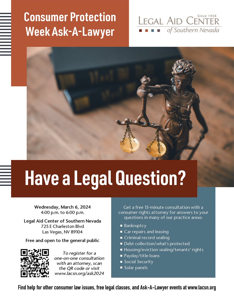 #ConsumerProtectionWeek is coming up and we invite the community to ask our attorneys any questions they have about record sealing, solar panels, car repairs, or other consumer rights issues in free consultations on Wednesday, March 6. Visit lacsn.org/ask2024 for details.