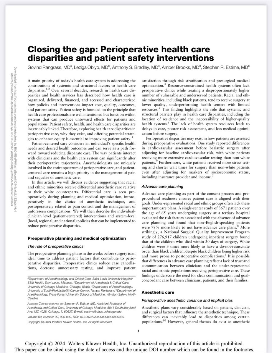 “Closing the gap: Perioperative health care disparities and patient safety interventions” I enjoyed working on this project with @EstimeMD @AmberBrooksMD Govind Rangrass, and Leziga Obiyo. @MCCAnesthesia @MoffittNews