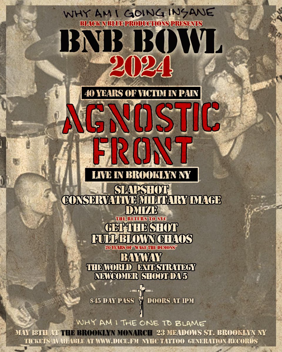BNB Bowl 2024 announces initial lineup, with Agnostic Front (playing 'Victim in Pain'), Slapshot, DMIZE, and more brooklynvegan.com/bnb-bowl-2024-…