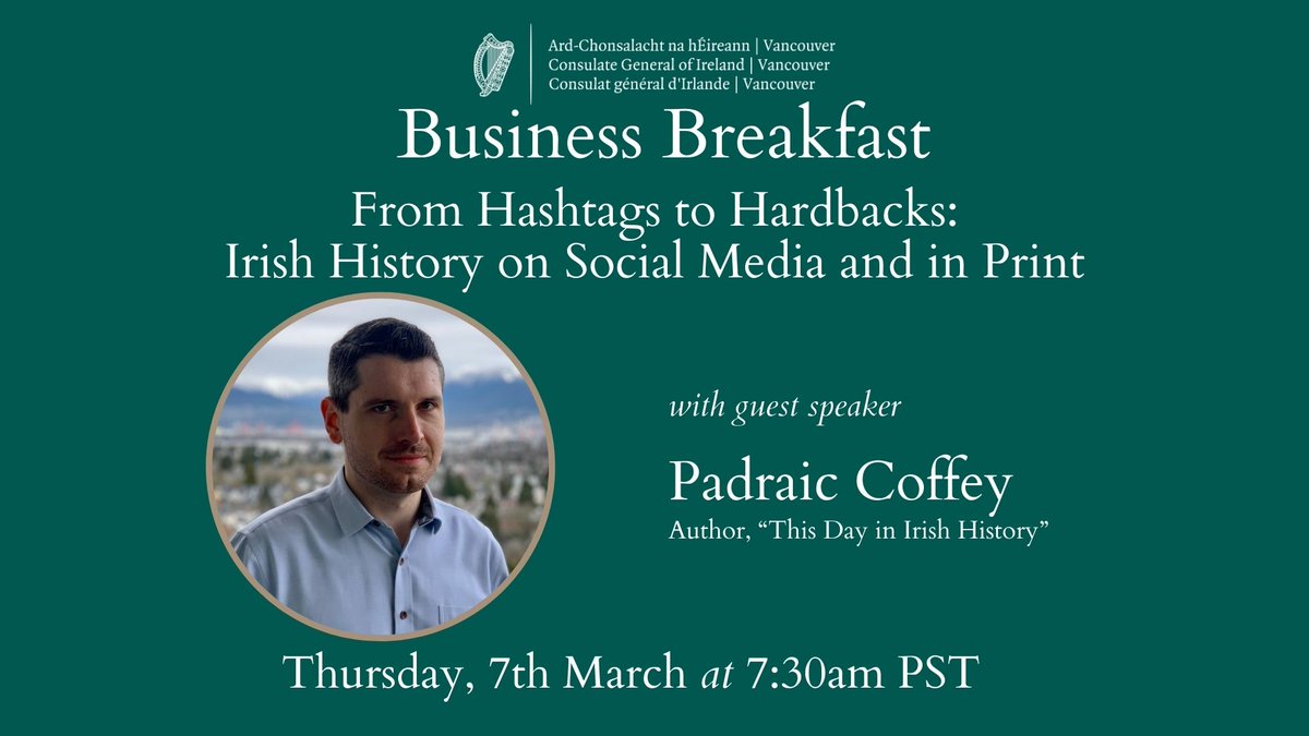 March is Irish Heritage Month! Join the Consulate, online or in person, at 7:30 am PDT on March 7th for our heritage themed Business Breakfast. Check out the link below for more details and to register. marchbusinessbreakfast.eventbrite.ie