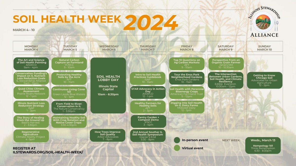 👀the incredible lineup of events our partners have put together to celebrate #ilsoilhealthweek, March 4th-10th! See the full calendar & register for all the in-person & virtual events that interest you + join us for Soil Health Lobby Day in Springfield! ilstewards.org/soil-health-we…