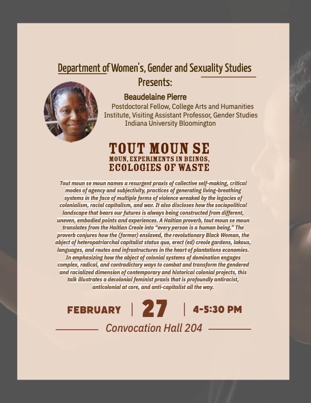 emory_wgss's tweet image. 📌Join Dr. Beaudelaine Pierre’s upcoming talk “Tout Moun Se Moun, Experiments in Beings, Ecologies of Waste” on Tues, Feb 27, 4-5:30pm at Convocation Hall 204!🗣️

#emorywgss #wgss