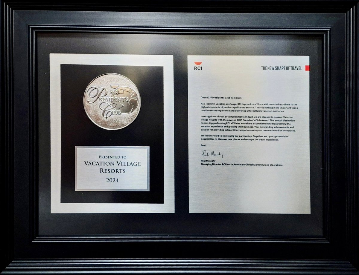 Vacation Village Resorts is honored to receive the coveted RCI President's Club Award. This award reflects that our resorts adhere to the highest product quality and service standards. #vacationvillage #rci  #rciaffiliate #presidentsclub #timeshare #vacationownership