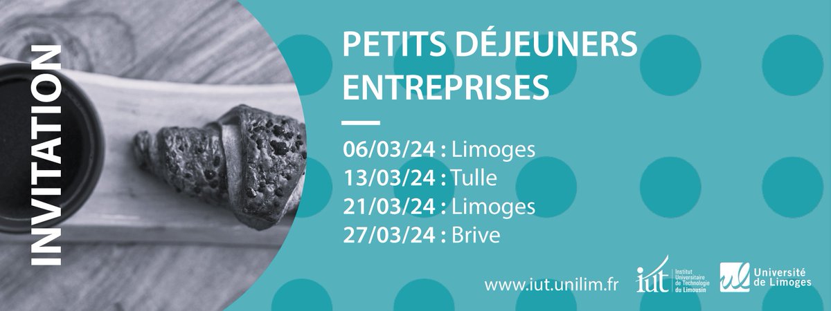 L’@iutdulimousin invite les professionnels à découvrir l’offre de #formation et l’ensemble des dispositifs de partenariats à l’occasion d’un petit déjeuner. 🗓 Quatre dates sont proposées sur les sites de Limoges, Brive et Tulle. Infos et inscription : iut.unilim.fr/entreprises/in…