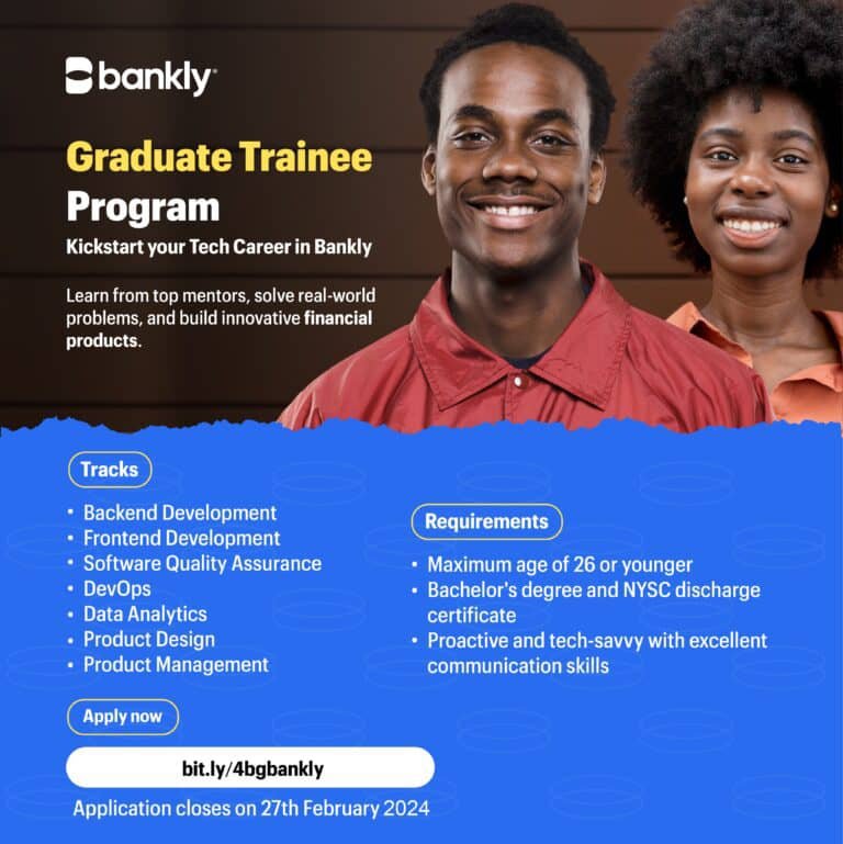 Paid Internship at Bankly.

Location: Remote

Available roles:
- Frontend Development Interns
- Backend Development Interns
- Product Management Interns
- Product Design Interns
- Data Analytics Interns
- DevOps Interns
- Software Quality
- Assurance Intern

Deadline: 27th