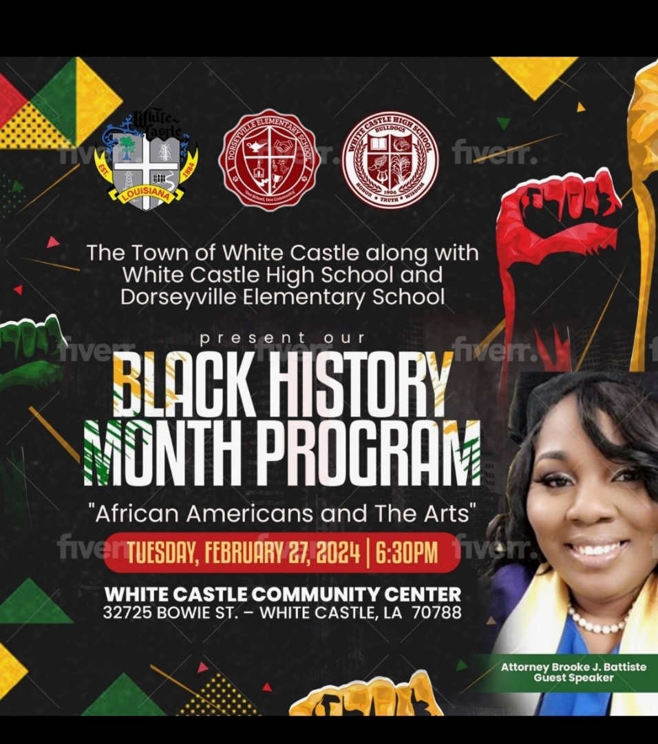 Come out and celebrate Black History Month!!

Tuesday, February 27, 2024 at 6:30PM at the White Castle Community Center

#AfricanAmericansAndTheArts #WCHSBulldogs #TownofWC #DESBulldogs #MovingForwardTogether