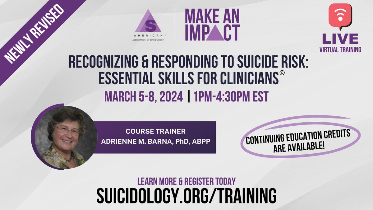 REGISTRATION CLOSES ON MONDAY! AAS's newly revised training, Recognizing and Responding to Suicide Risk: Essentials for Clinicians©, starts March 5. *Continuing Education credits are available! #AAS #AASMakeAnImpact #suicideprevention #mentalhealth #suicidology #zerosuicide