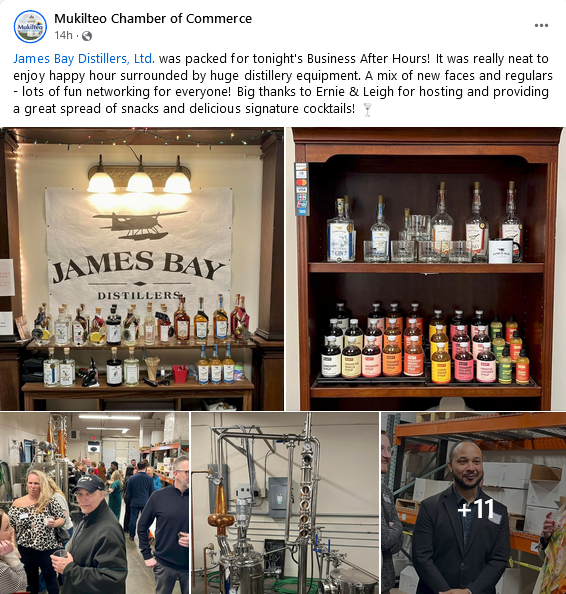 We had a great time hosting the #Mukilteo Chamber of Commerce yesterday! Lucky drawing winners took home a #whisky or a #gin! Cheers! #PaineField #EverettWA #dteverett #craftdistillery #distilling Photo is screenshot from the Chamber's FB page - be sure to follow them!