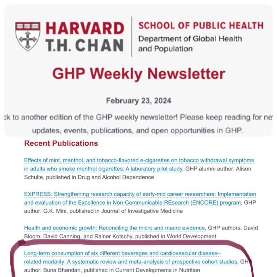 Our recent publication #SRM on long term consumption of #beverages and #CVDMortality (doi.org/10.1016/j.cdnu…) is included in @HarvardChanSPH weekly newsletter!! @jnutritionorg #CurrDevNutri #Nutrition #CVDPrevention