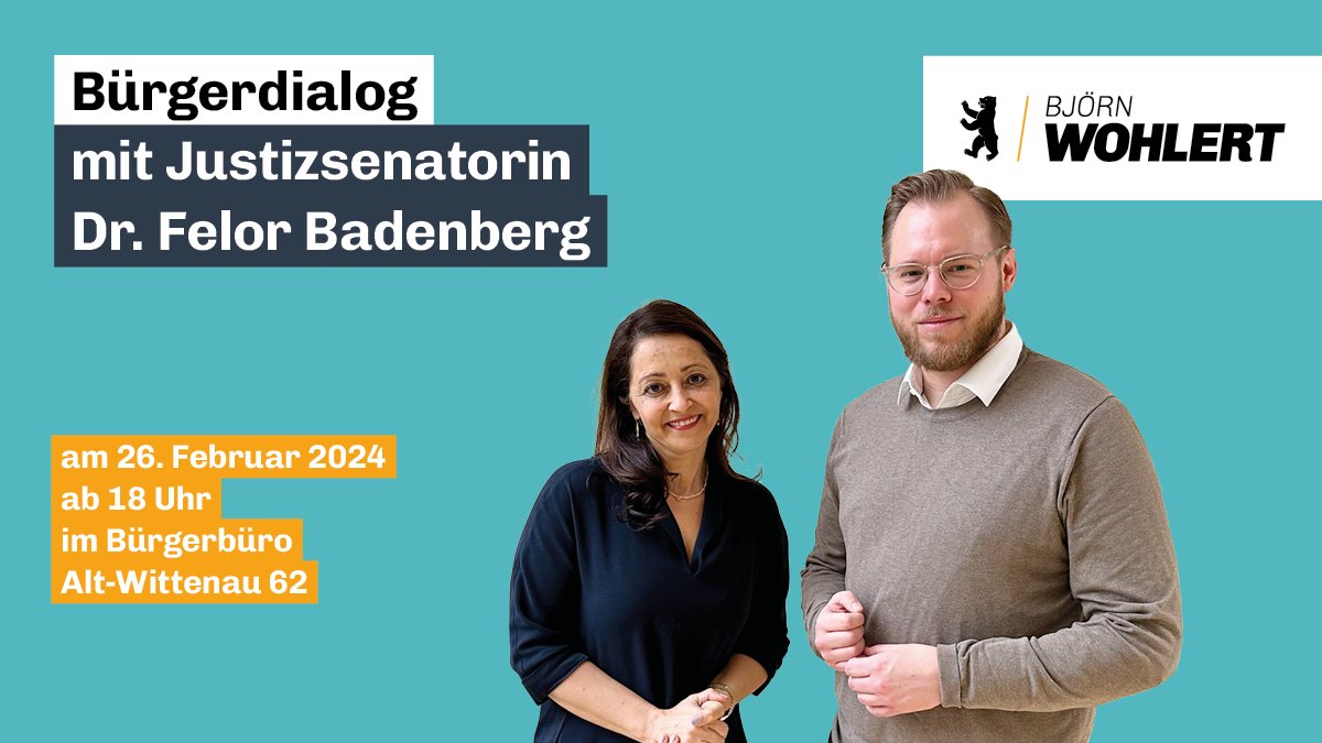 Beim Bürgerdialog mit Justizsenatorin Dr. Felor Badenberg diskutieren wir über die Stärkung der Justizbehörden, konsequente Strafverfolgung und den Kampf gegen organisierte Kriminalität. Herzliche Einladung an alle Bewohner in #Wittenau, #Tegel, #Waidmannslust und #Borsigwalde!