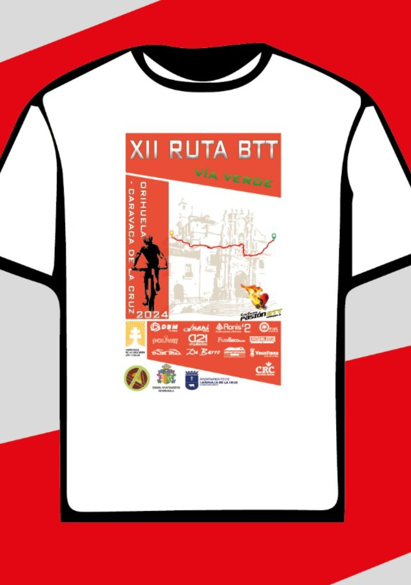 ,🏁Esta será la camiseta conmemorativa de la XII RUTA VIA VERDE ORIHUELA - CARAVACA 🏁

Os presentamos el diseño de este año 2024, que además es Año Jubilar! 

‼️‼️Últimas 10 plazas‼️‼️
👉🏻 Apúntate en cronomur.es/Event/signin.d…