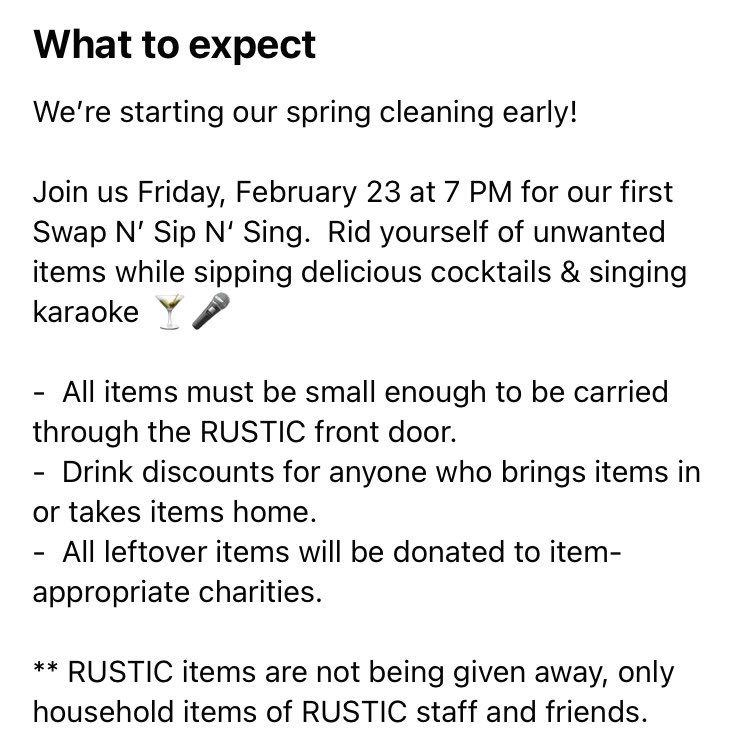 Join us TONIGHT for the first ever RUSTIC Swap n’ Sip n’ Sing!

#swapnsip #drinkwithus #musicwithus #partywithus