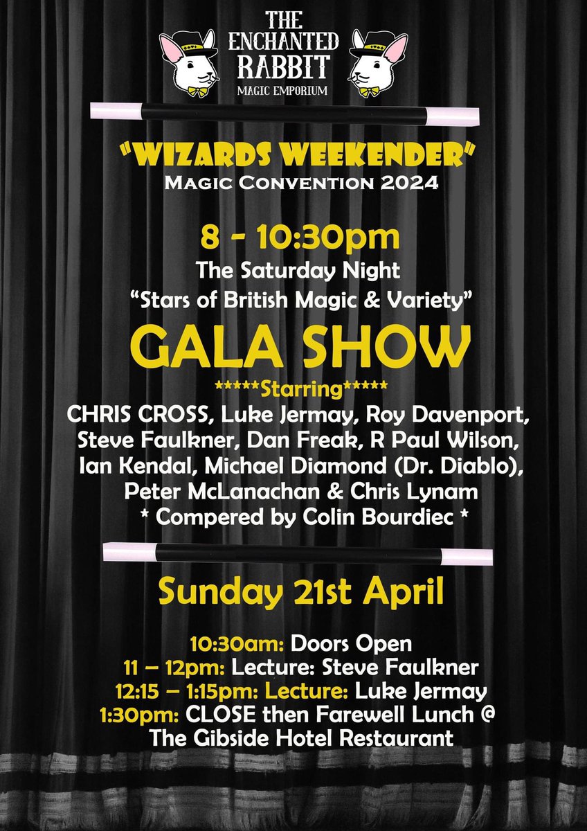 HERE'S A QUICK REMINDER!
On 19th - 21st April 2024... The Enchanted Rabbit &amp; Chris Cross present "The Wizards Weekend 2024"
FB Event Page HERE: facebook.com/events/5795833…