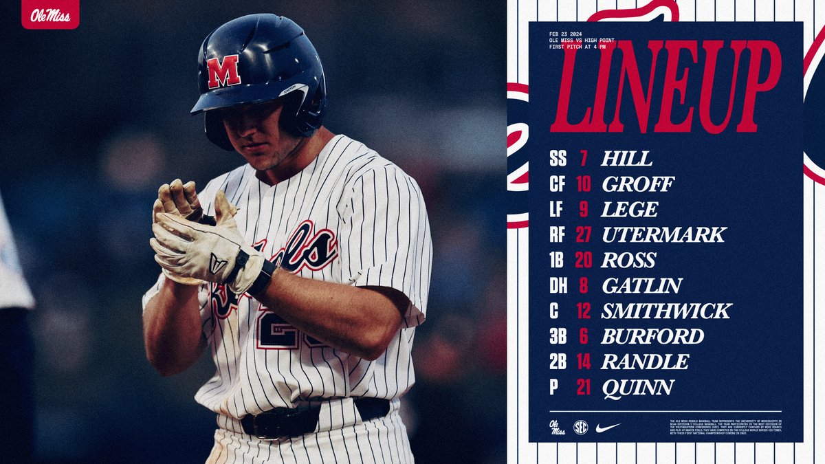 CoachMikeBianco's tweet photo. Lineup for game one vs High Point

#HottyToddy #PackSwayze https://t.co/5C8FIrq8mt