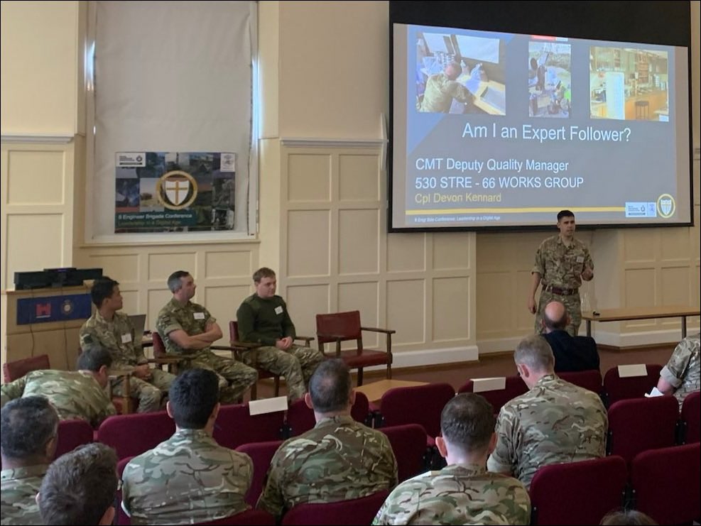 Cpl K presenting at the @8EngrBde leadership conference, adding his views to the discussion on the challenges and opportunities of leadership in a digital age. @ReaController @Inst_RE @Proud_Sappers