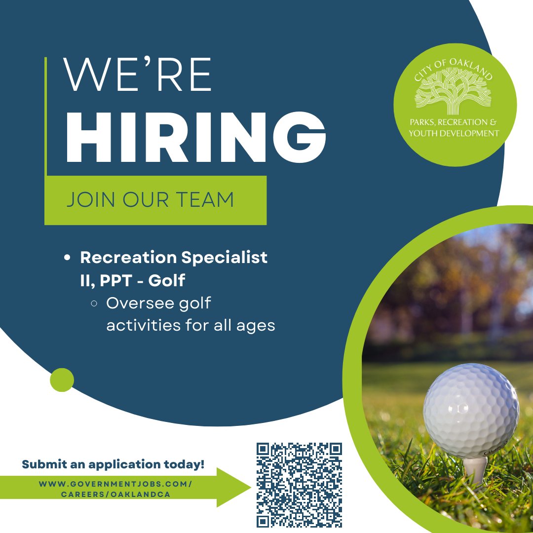 We’re hiring! Join our team as a Marine Sports Program Coordinator or Recreation Specialist II, PPT – Golf. The application deadlines is approaching soon. Learn more and apply at governmentjobs.com/careers/oaklan…

#OPRYD #OaklandHasJobs #OaklandCA #ParkAndRecJobs #BayAreaJobs