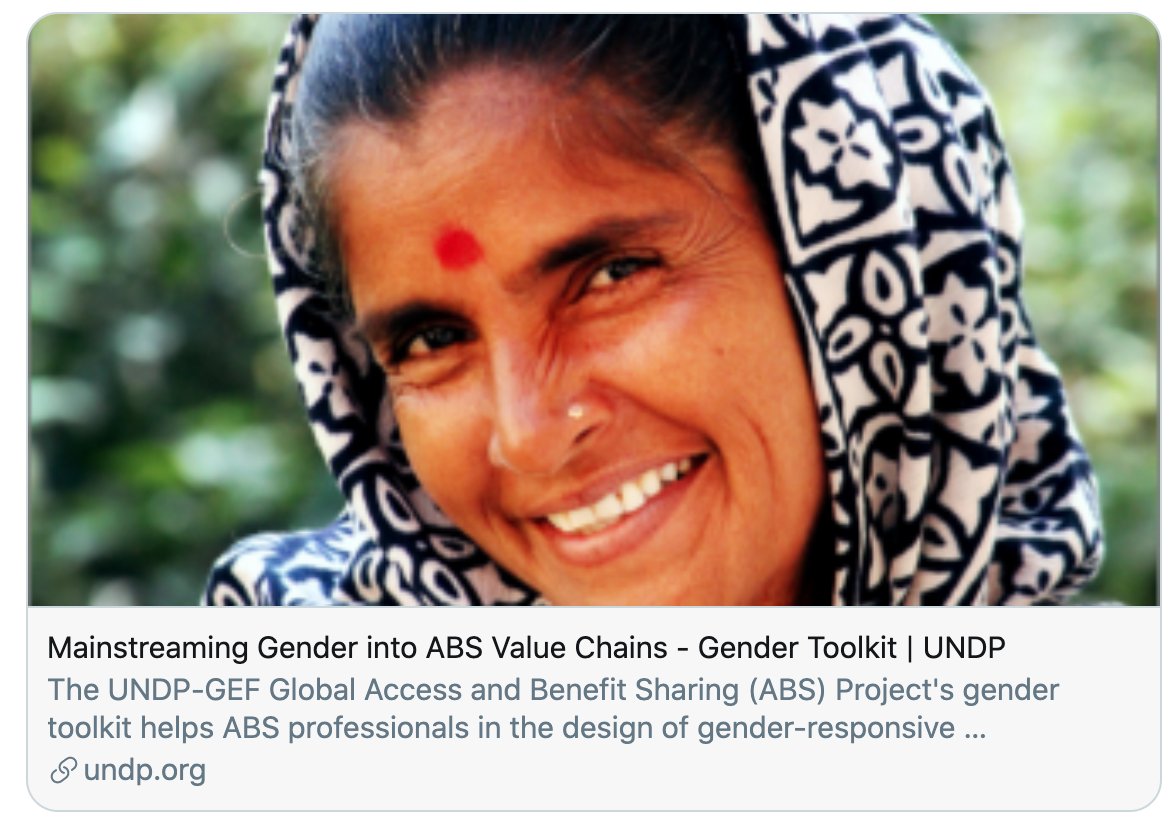 📗 NOW READING: 'Mainstreaming Gender into ABS Value Chains' 📖

The gender toolkit from @undp offers guidance on how to advance progress on #AccessAndBenefitSharing while accelerating #GenderEquality and women's empowerment. undp.org/content/undp/e…