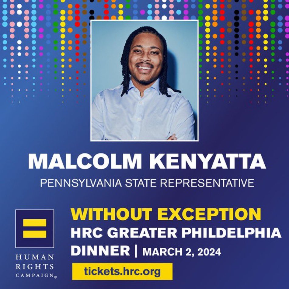 We are thrilled to announce that <a href="/malcolmkenyatta/">Rep. Malcolm Kenyatta</a> will be joining us! Come out and hear Malcolm share why fighting for equality is so important! 

Get your tix here for March 2 - tickets.hrc.org/shop/wa/event?… 
<a href="/HRC/">Human Rights Campaign Rapid Response</a> #HumanRightsCampaign #CelebrateLGBTQ #WithoutException
