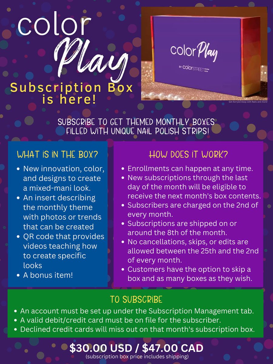 HeidiBetts's tweet image. Did you know #ColorStreet has a #SubscriptionBox service?😱

We do, &amp;amp; it's amazing! For only $30, you receive a differently themed box each month, filled w/ #exclusive Nail Polish Strips, a manicure guide, &amp;amp; a FREE Bonus Item!

SUBSCRIBE NOW:
ColorStreet.com/YourFairyTaleN…