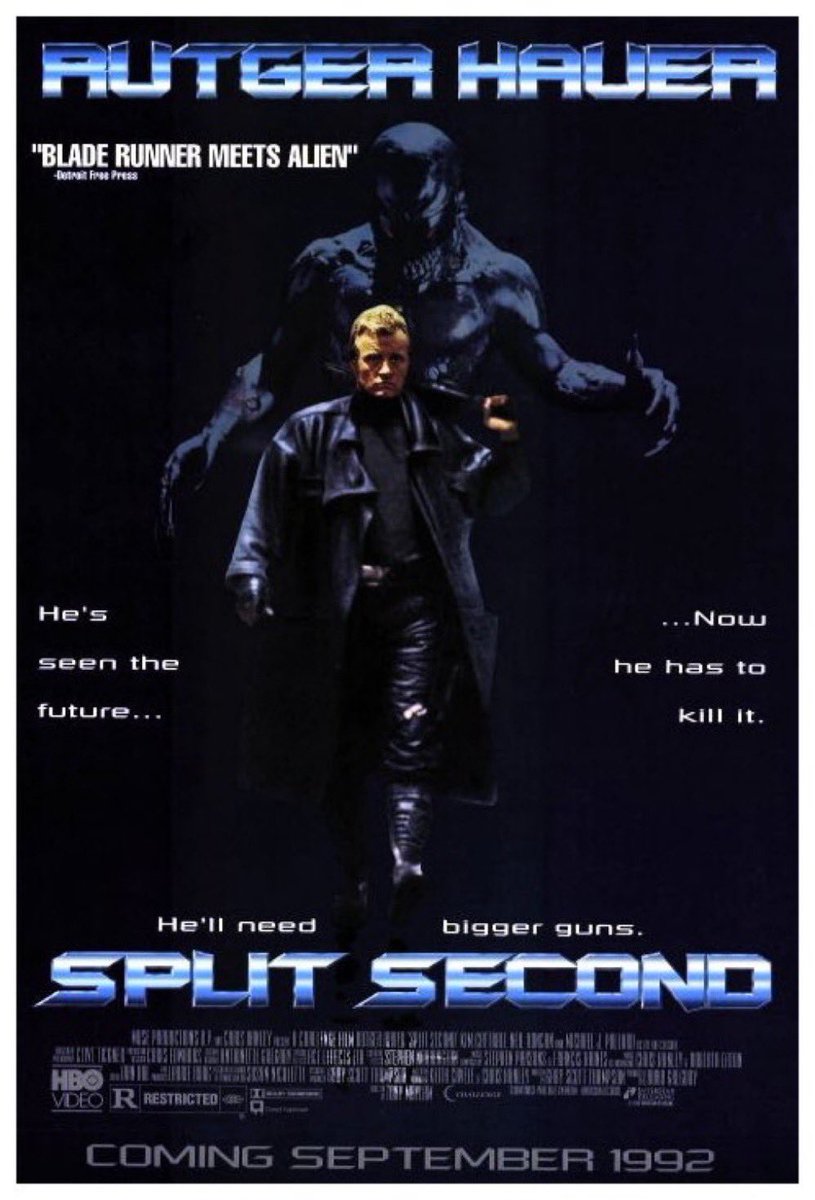 ☢️#157. Split Second, 1992. A wonderfully unhinged #RutgerHauer is the ultimate 90s hard boiled antihero in this waterlogged #Bladerunner-light #Predator2-light combo. Aggressively stylized direction and frequent tonal misfires add up to a oddly fun watch. Very quotable. 3/5 ☢️