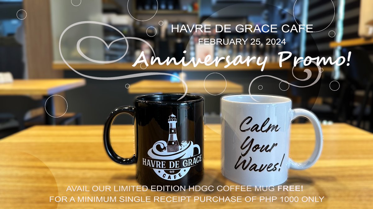 HDGCafe's tweet photo. 🎉 1st Anniversary Promo 🎉

Join us in celebrating our first Anniversary this Sunday. With every single-receipt purchase worth Php 1000, you can avail our Limited Edition HDG Cafe Mug for FREE on February 25, 2024. 😇

First come, first served. See you there!😊 https://t.co/RtX2Zp31o6
