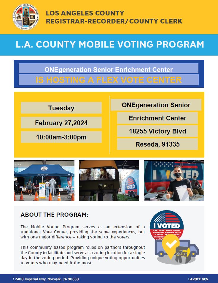 @ONEgenCares Senior Enrichment Center will be hosting a Flex Vote Center on Tuesday, February 27th from 10am to 3pm. We are located at 18255 Victory Blvd in Reseda. @LACountyRRCC #LAVOTES #OSEC