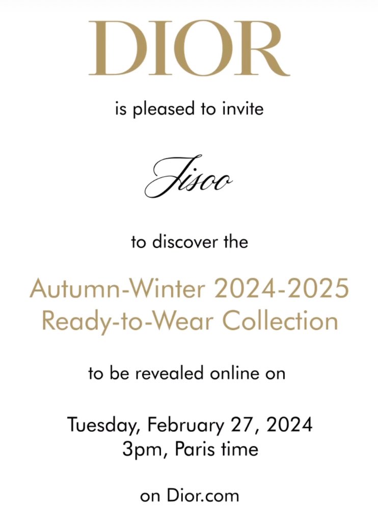 #JISOO is confirmed to be present at Dior AW24 show during Paris Fashion Week.