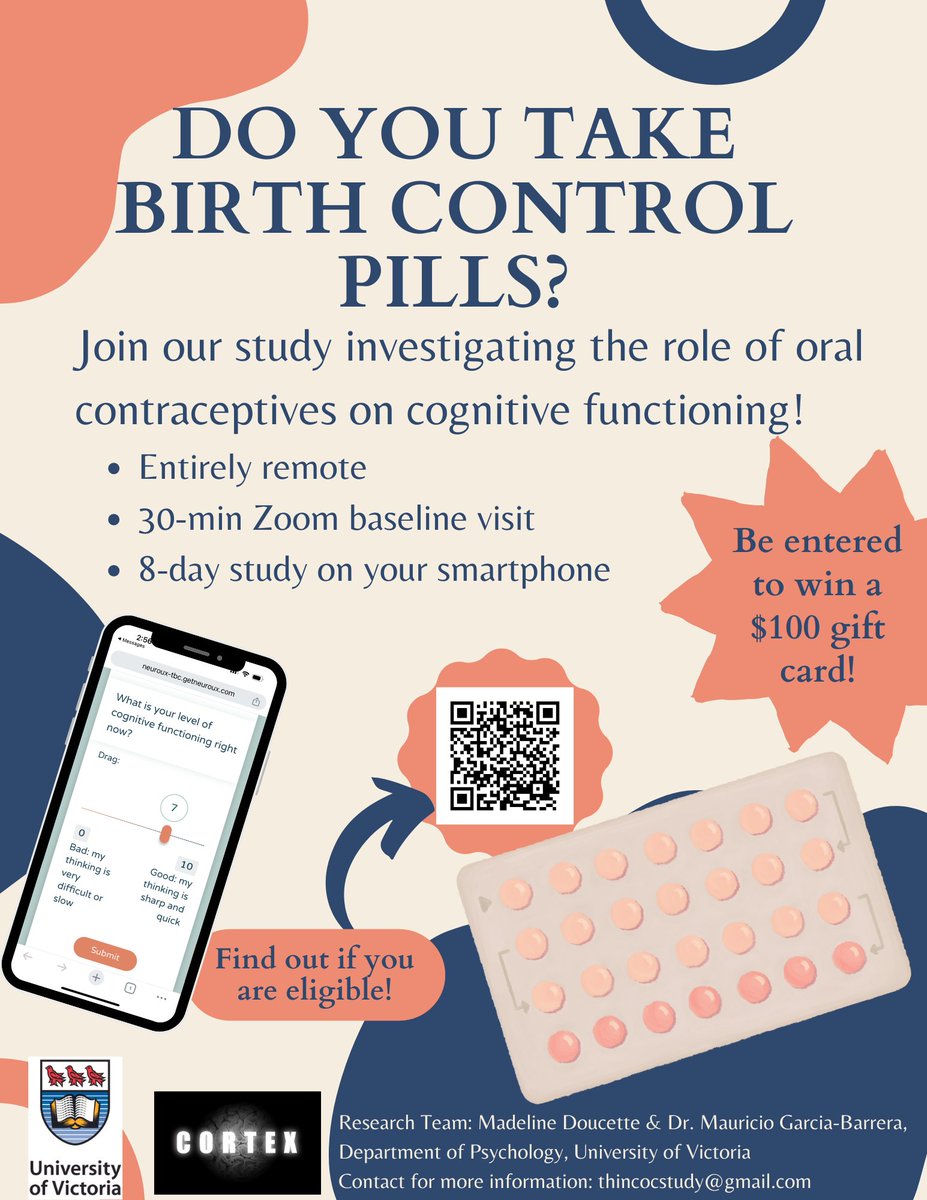 Maddy Doucette (@m_doucette_) on Twitter photo 🚨Canadians (18-30 yrs) taking oral contraceptives! 🚨
We want you to participate in our study investigating the role of birth control pills on cognition!
Email thincocstudy@gmail.com for more info or complete the screener (scan QR code or link below) to see if you are eligible! 🚨Canadians (18-30 yrs) taking oral contraceptives! 🚨
We want you to participate in our study investigating the role of birth control pills on cognition!
Email thincocstudy@gmail.com for more info or complete the screener (scan QR code or link below) to see if you are eligible!