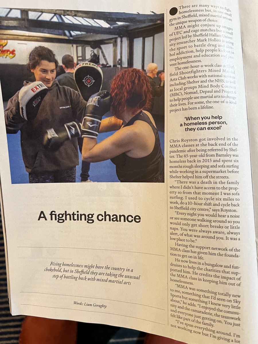 ⁦@sheffhallamuni⁩ Great to read this article about PhD researcher at Sheffield Hallam Uni by Mark Hollett in the ⁦@BigIssue⁩ fighting homelessness thro Mixed Martial Arts - inspiring to see effective applied research