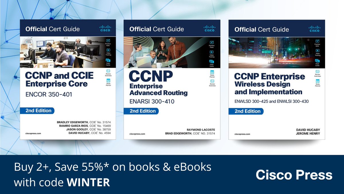 ciscopress (@ciscopress) on Twitter photo Take another step towards your #CCNP Enterprise certification with OCGs for your core and concentration exams
During our Winter Sale, enjoy up to 55%* off your next Cisco Press book/eBook - sale ends tonight: httpciscopress.com/winter
<a href="/BradEdgeworth/">Brad Edgeworth</a> <a href="/rgarzari/">Ramiro Garza Rios</a> <a href="/Jason_Gooley/">Jason Gooley</a> Take another step towards your #CCNP Enterprise certification with OCGs for your core and concentration exams
During our Winter Sale, enjoy up to 55%* off your next Cisco Press book/eBook - sale ends tonight: httpciscopress.com/winter
<a href="/BradEdgeworth/">Brad Edgeworth</a> <a href="/rgarzari/">Ramiro Garza Rios</a> <a href="/Jason_Gooley/">Jason Gooley</a>