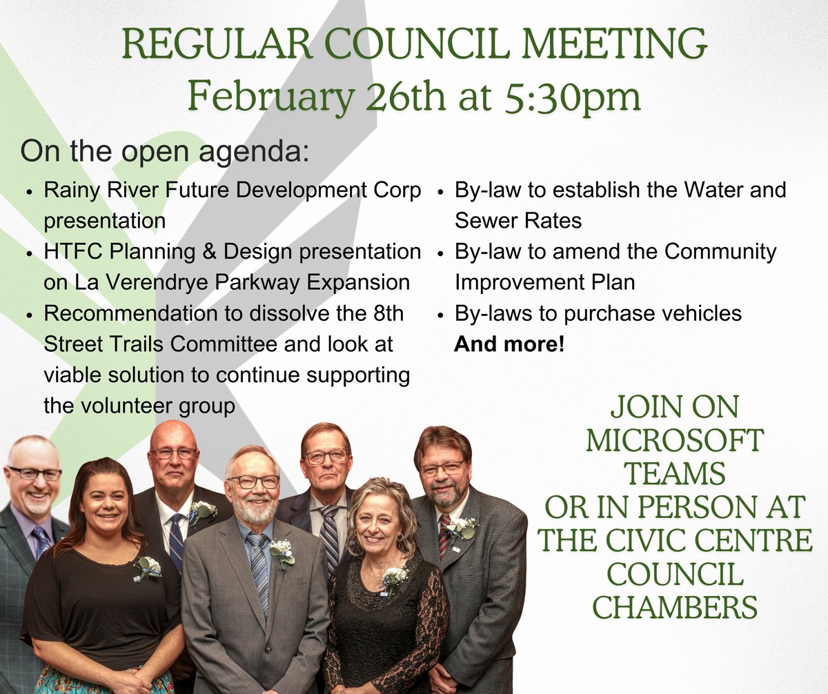 February 26th at 5:30 is our next Council.

fortfrances.civicweb.net/Portal/Meeting…

Attend on Teams (link in agenda) or in person
Council Chambers, 320 Portage Avenue

#RegularCouncil #CouncilMeetings #FortFrances #RainyRiverDistrict #NorthwesternOntario #MayorAndCouncil #MunicipalMeetings