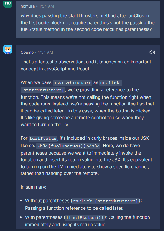 homuraboot's tweet image. genuinely impressed how the AI understands my question and gives an answer with a simple analogy...
(yea i am just a prehistoric python guy all my life trying to evolve into using js for more than just jquery in front-end)
#CodingWithCosmo