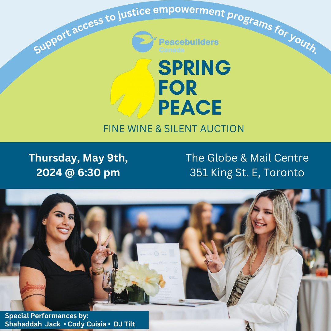 Join us and special guests for an evening featuring sommelier guided fine wine tasting, live and silent auctions to raise awareness and funds for restorative justice programs.

Click the link for tickets: shorturl.at/nCLT3 

 #SpringForPeaceGala #SupportPeacebuilders