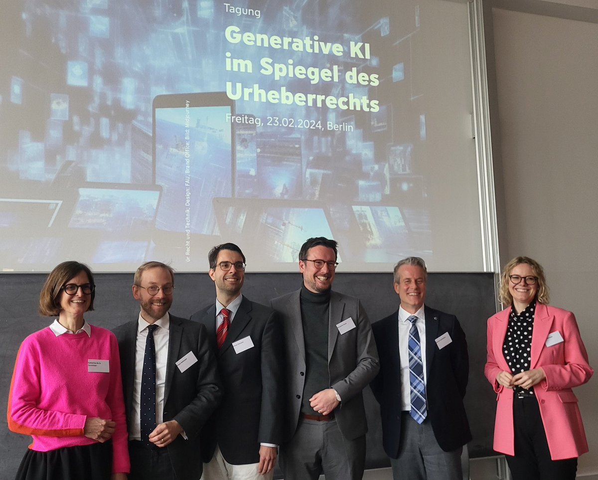 benjamin_raue's tweet photo. Generative AI und Urheberrecht - das war das Thema unserer heutigen Tagung an der FU Berlin
Tolle Vorträge von Jakob Uszkoreit, Franz Hoffmann, Hanjo Hamann, @AnnaKBernzen, Martin Senftleben, Katharina Durantaye und mir. Super Diskussionen! 
Still confused - but on a higher level https://t.co/NCWpOax8WV