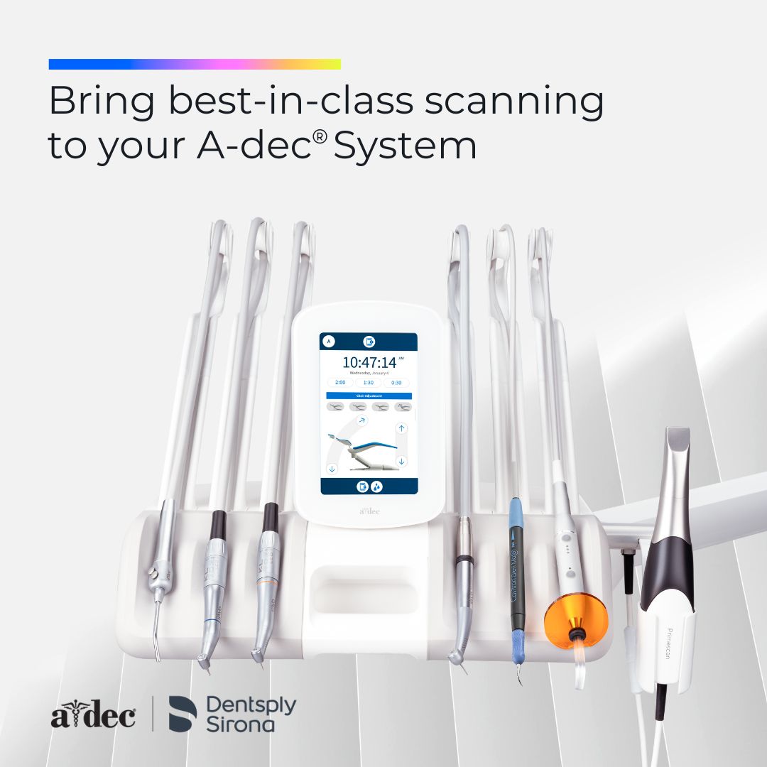 Dentsply Sirona and A-dec are bringing seamless integration of the Primescan Connect intraoral scanner to A-dec delivery systems. Available later this Spring, from select dealers in select regions. Read more here: ms.spr.ly/6015cOzHf #DentsplySirona #DigitalDentistry #Adec