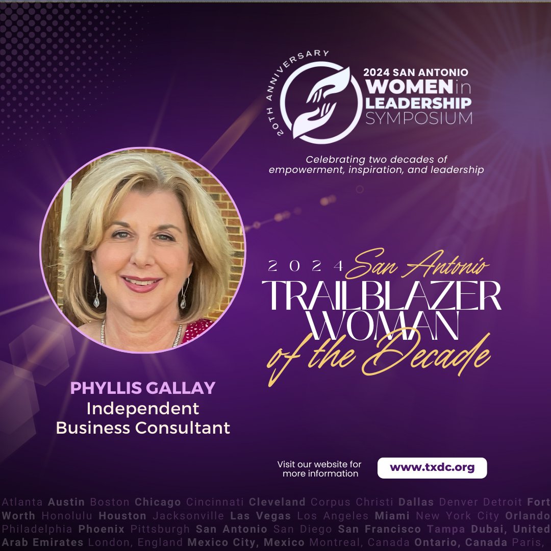 We're thrilled to announce that Phyllis Gallay is the recipient of the Trailblazer Woman of the Decade Award at the 20th Anniversary of the Women in Leadership Symposium!

Congratulations, Phyllis, on this well-deserved recognition! #WomenLeaders #txdc #WILS20th