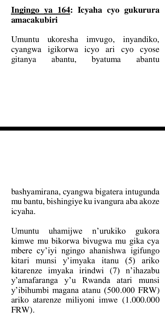 TalkLawRw's tweet photo. N'UMUSIRIKARE URI KU RUGAMBA RW'#AMASASU HARI IBYO ABUZWA GUKORA:

GUKUNDA IGIHUGU NO KUKIRWANIRIRA KURI IYI MIHANDA BIKURAHO KWIRINDA IBI BIKURIKIRA?

1.Gukangisha #gusebanya
2.#Gutukana mu ruhame
3.Gukurura #Amacakubiri
4.Gutangaza amagambo/amashusho #binyuranye n’uko byafashwe https://t.co/xHDfq8hDHm