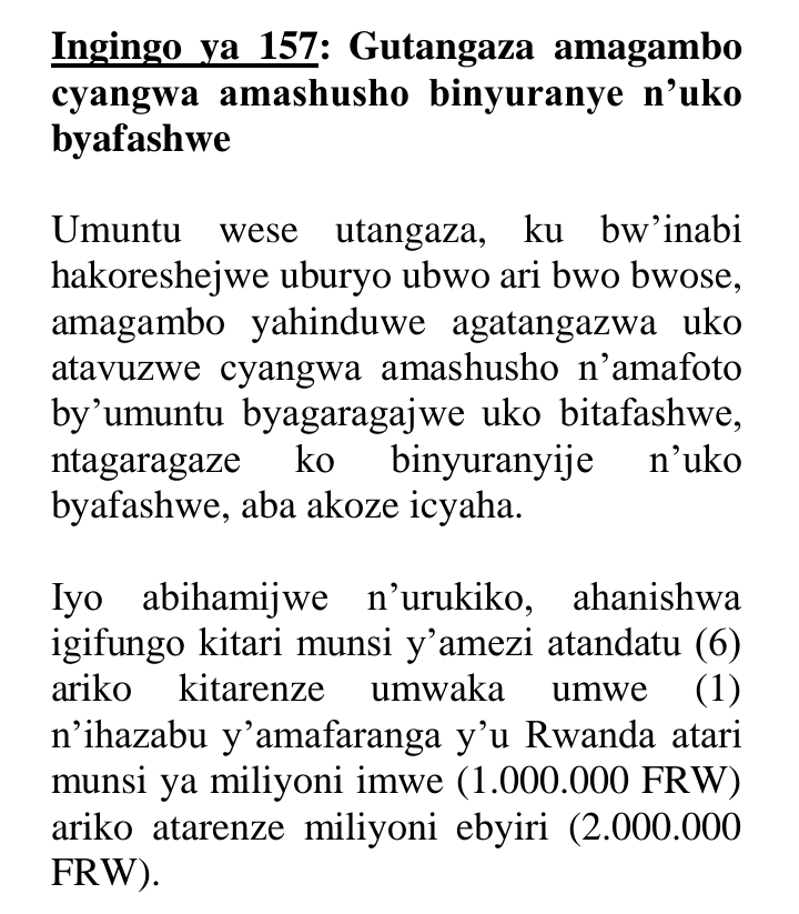 TalkLawRw's tweet photo. N'UMUSIRIKARE URI KU RUGAMBA RW'#AMASASU HARI IBYO ABUZWA GUKORA:

GUKUNDA IGIHUGU NO KUKIRWANIRIRA KURI IYI MIHANDA BIKURAHO KWIRINDA IBI BIKURIKIRA?

1.Gukangisha #gusebanya
2.#Gutukana mu ruhame
3.Gukurura #Amacakubiri
4.Gutangaza amagambo/amashusho #binyuranye n’uko byafashwe https://t.co/xHDfq8hDHm