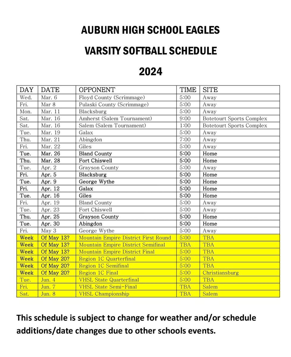 4 in a row state champs, Auburn High School Varsity Softball schedule! Looking forward to this season. #4peat #statechamps  <a href="/uvawisesb/">UVA WISE SOFTBALL</a> <a href="/coastalsoftball/">Coastal Carolina SB</a> <a href="/wvwcsoftball/">WVWC Softball</a> <a href="/vwusoftball/">Va Wesleyan Softball</a> <a href="/suhornetssb/">Shenandoah University Softball</a> <a href="/roanokesoftball/">RoanokeSoftball</a> <a href="/kazdynn/">Kazdyn Waldron</a> @jason83006180 <a href="/softballferrum/">Ferrum Softball</a> <a href="/coachshelton18/">Christy Shelton</a> <a href="/MEJWhite17/">Maggie Johnson White</a>