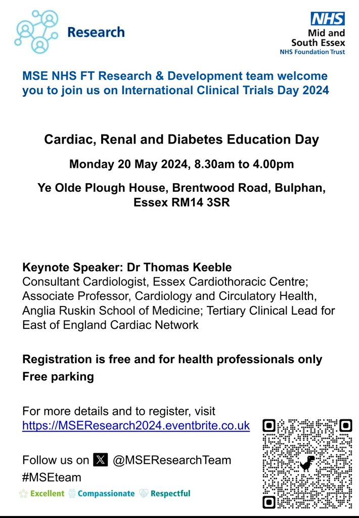 📢 Join us for an inspiring day of collaborative learning in the fields of cardiology, nephrology & diabetes 📆 Mon 20 May 2024 📍Ye Olde Plough House, Bulphan 🌐 Details & registration: MSEResearch2024.eventbrite.co.uk ❗️This event is for healthcare professionals only❗️ @MSEHospitals