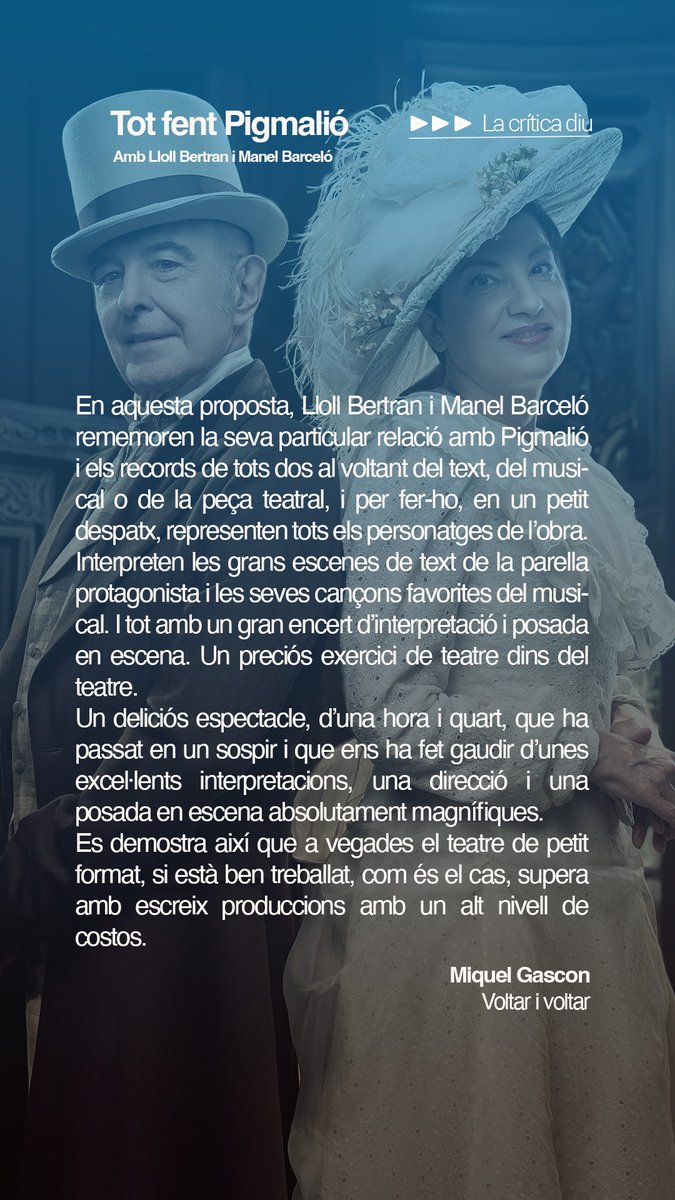 Sala Versus Glòries (@salaversus_gl) on Twitter photo ⭐️⭐️⭐️⭐️La crítica diu de #TotFentPigmalió "Un deliciós espectacle"
Gràcies <a href="/miquelputxet/">Miquel Gascon - Voltar i Voltar ||*||</a> 😍
Us hi esperem aquest cap de setmana!
Dss 17.30h i 20h
Dge 18h
Amb <a href="/DiazLloll/">Lloll Bertran Díaz</a> i <a href="/serran_manel/">Manel Barceló Serrano</a> dirigits x <a href="/marcrosich/">marc rosich</a>
i #JordiAndújar Prod. <a href="/AnexaTeatre/">Anexa Teatre</a>
salaversusglories.cat🎫 ⭐️⭐️⭐️⭐️La crítica diu de #TotFentPigmalió "Un deliciós espectacle"
Gràcies <a href="/miquelputxet/">Miquel Gascon - Voltar i Voltar ||*||</a> 😍
Us hi esperem aquest cap de setmana!
Dss 17.30h i 20h
Dge 18h
Amb <a href="/DiazLloll/">Lloll Bertran Díaz</a> i <a href="/serran_manel/">Manel Barceló Serrano</a> dirigits x <a href="/marcrosich/">marc rosich</a>
i #JordiAndújar Prod. <a href="/AnexaTeatre/">Anexa Teatre</a>
salaversusglories.cat🎫