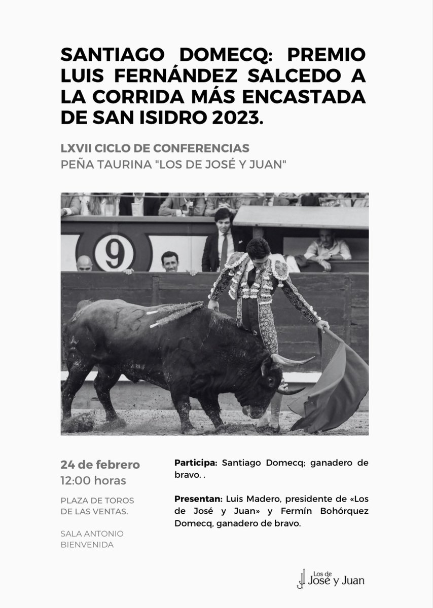 Sábado 24 de febrero a las 12:00h. Entrada gratuita hasta completar aforo. #toros #LasVentas #SantiagoDomecw