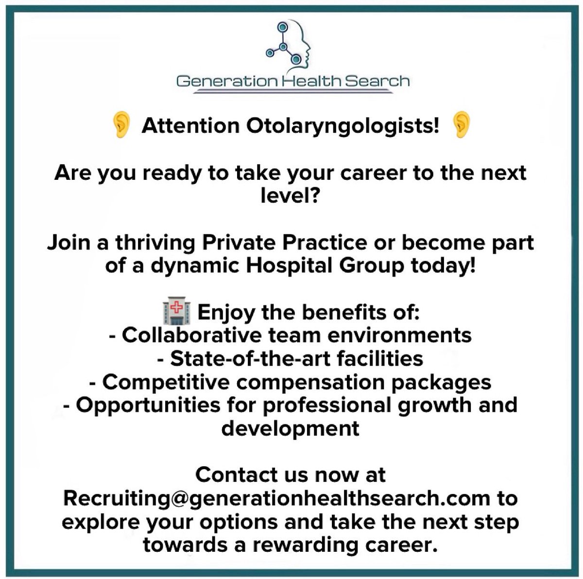 👂 Calling all Otolaryngologists! 👂 Join us at GFP or a leading Private Practice. Apply now! #ENTJobs #Otolaryngology #MedicalJobs #HealthcareCareers #HospitalJobs #PrivatePractice #GFP #NowHiring #ENT #Generationhealthsearch