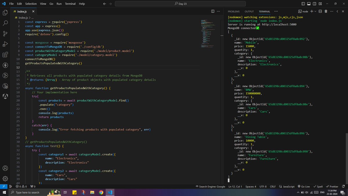 ItsDarkMilton's tweet photo. Hello Everyone๐
Thrived through Day 23 of the 30 Days of Node.js Challenge 2024 by Scaler.๐ทExtended the previous Product schema to include a reference to a Category entity and used a population query.
#Day23 #30DaysOfNodejs #Scalerdiscord #Scalertopic #Nodejs
@scaler_official https://t.co/ig4m8JuBju