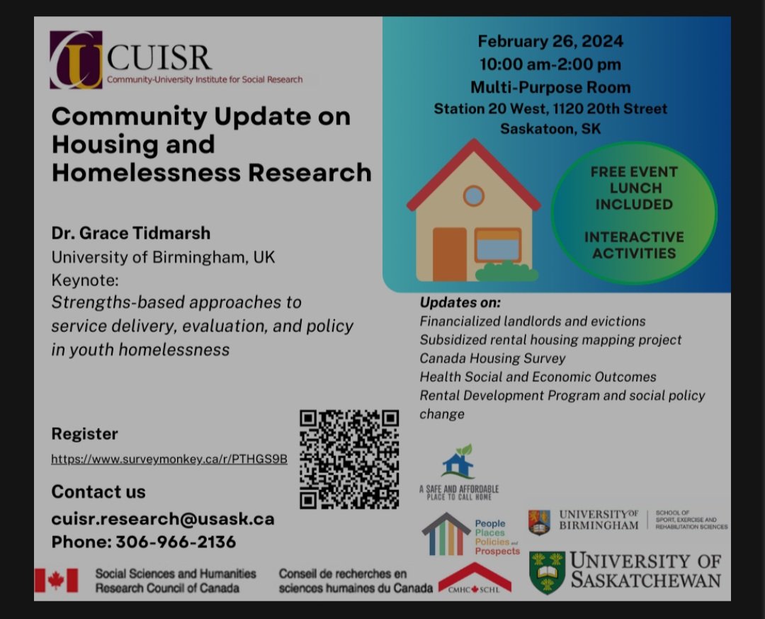 I'm not entirely sure what time zone I am in atm on this hectic travel day, but I do know that I'm honoured to be the keynote speaker at this @cuisr event on Monday @ the University of Saskatchewen. Thoroughly looking forward to meeting everyone on the day. #HomelessnessResearch
