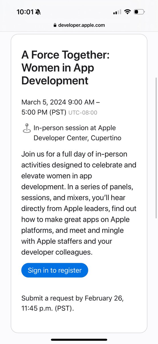 📅 Come join us for an International Women’s Day Event in-person at the Cupertino Apple Developer Center –March 5th!

It’s open to all women and allies interested in meeting others in app development 🫅🏻👸🏾🫅🏼

Register here: 
developer.apple.com/events/view/M3…