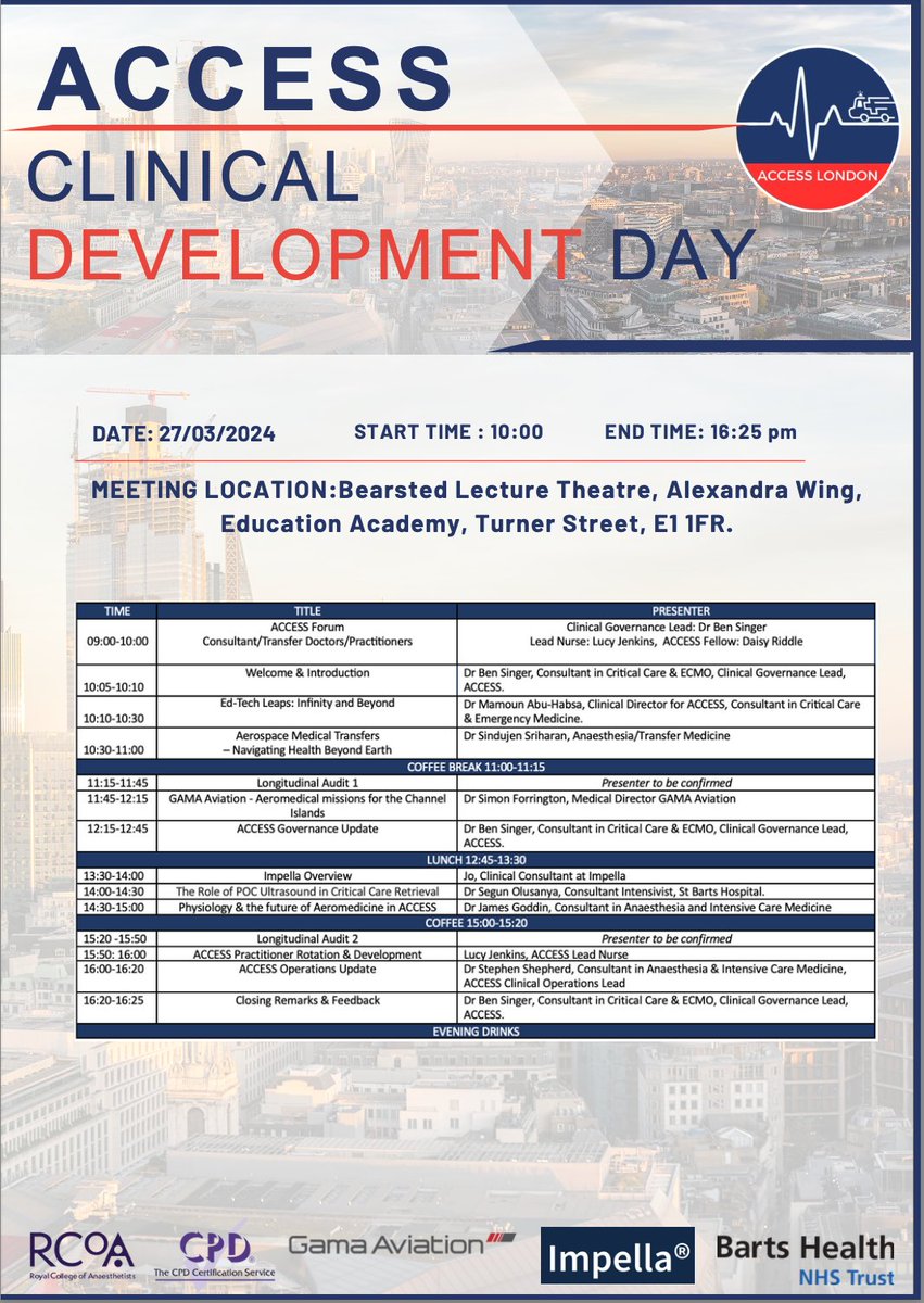 Agenda for the upcoming ACCESS Clinical Development Day! Theme of the day: Aeromedical Retrievals and Aviation Medicine 🚁🚑 Event will be worth 5 CPD points. Share and reserve your seat!  #Aeromedicine #Retrievalmedicine #ACCTs eu-submit.jotform.com/accessdata/acc…