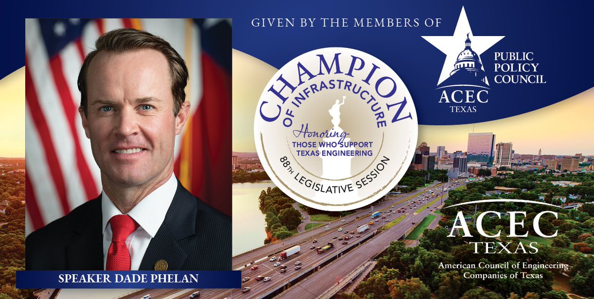 We are proud to recognize Speaker @DadePhelan with the 'Champion of Infrastructure' award for his ongoing support for infrastructure development, and continuing to help create a fair, business-friendly environment in #Texas. Click to read more: cdn.ymaws.com/acectx.site-ym… #txlege