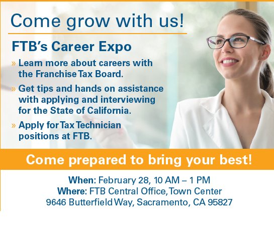 FTB is Hiring! Connect with recruiters to receive hands on assistance with applying and learn why FTB is the right step in your career on 2/28 at FTB’s Central Office campus from 10 am – 1 pm. . Register now: bit.ly/49Min2V