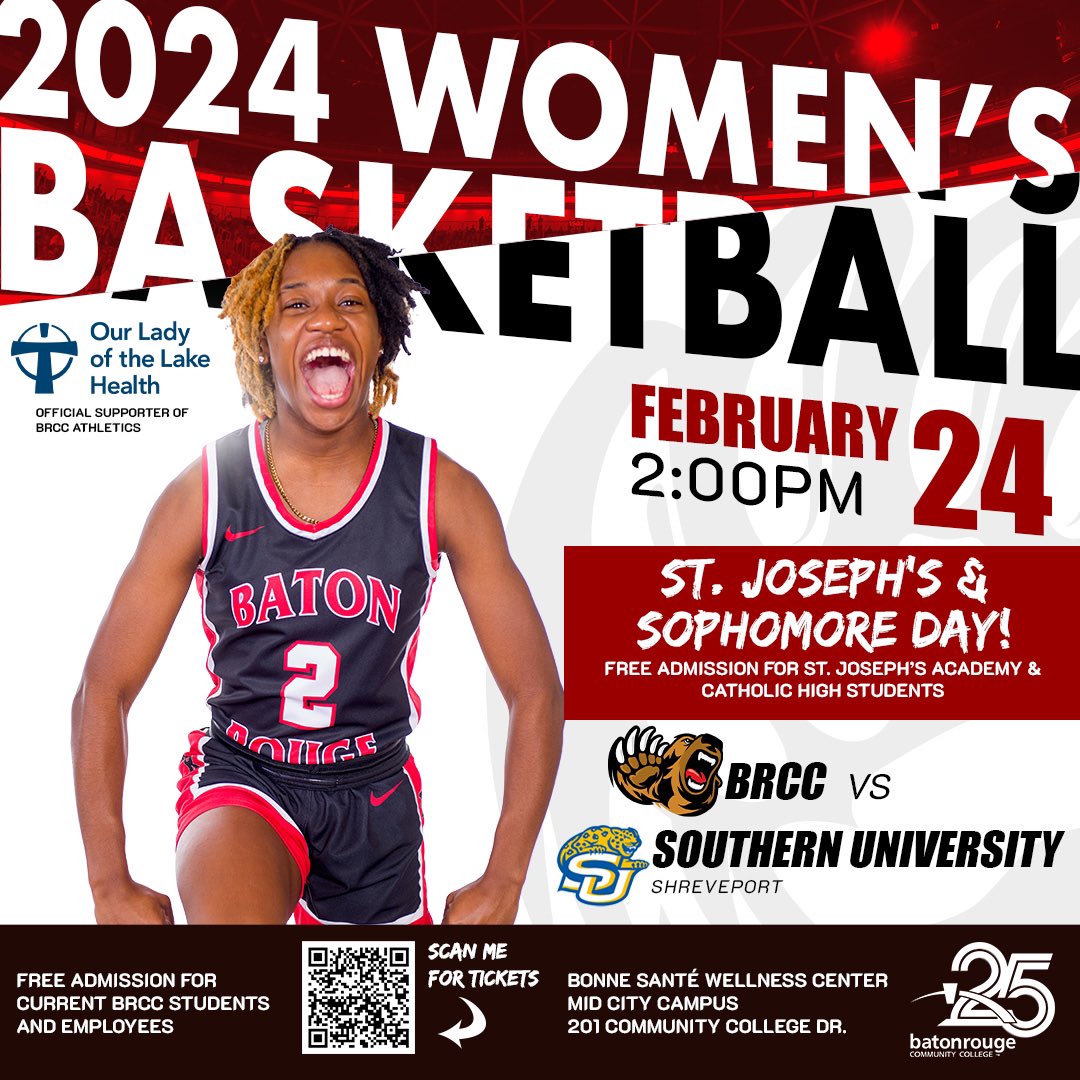 Last Regular Season home game for your BRCC Lady Bears is this Saturday February 24 at 2 pm versus the Southern Shreveport Lady Jags. It’s also St. Joseph and Catholic High Day in the Bears Den! The Ladies are still in the hunt for a conference title come out and support.